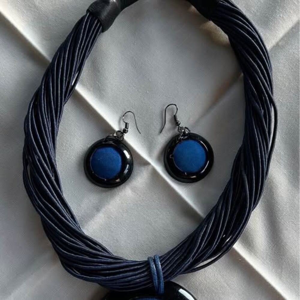Vintage Multi-Strand Navy Cord Necklace w/ Matching Earrings